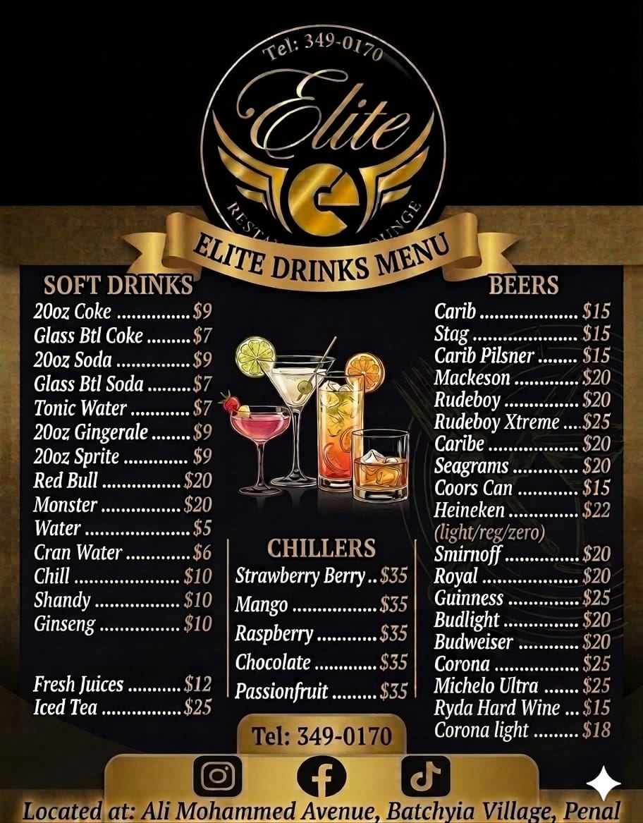 Elite drinks menu board